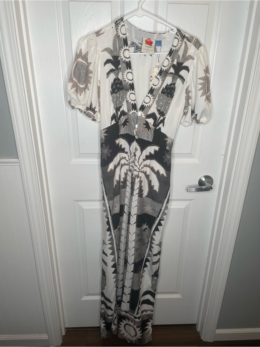 Farm Rio Puff-Sleeve Viscose Jumpsuit Celestial Palm Tree Pineapple Vacation S - Picture 3 of 16